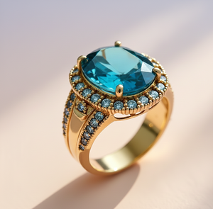 Anillo Ovalado de Topacio Azul de Diseño con Circonitas Cúbicas en Plata de Ley 925 Chapada en Oro de 18K, Regalo para Ella para Ocasiones Especiales - Product Image 2