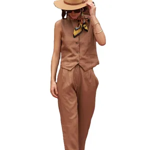 Nhà Sản Xuất Quần Áo Hot Bán Rắn Brown Linen Cotton Co ORD Set Mùa Hè Phụ Nữ Xu Hướng Phong Cách Áo Ghi Lê Và Áo Ghi Lê