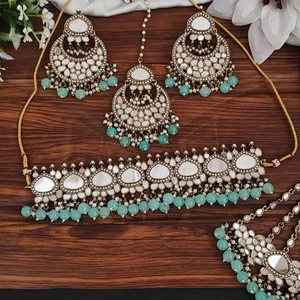 Beautiful Fancy Design Mehendi Polish Party Wear Mirror <b>Choker</b> <b>Necklace</b> Set Jewelry Sets Antique Religious Jewelry From India - Product Image 1
