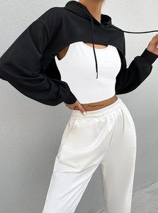 Sudadera Corta con Capucha para Mujer, Diseño Color Block en Negro y Blanco, Manga Larga, Tejido de Algodón, Ropa Casual de Otoño - Product Image 4