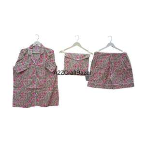 Ensemble de pyjama en coton pur 100 % fait main en Inde, robe de nuit à manches courtes, imprimé à la main, respirant, doux, décontracté, été - Product Image 1