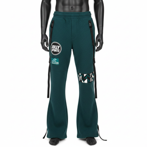Pantalon évasé premium pour homme en molleton de coton et polyester épais 320 GSM, avec panneau latéral teal et logo thermocollé - Product Image 6