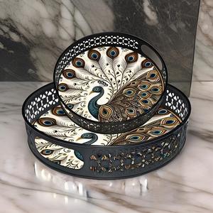 Ensemble de 2 plateaux de service en fer émaillé découpé au laser Pichwai à motif paon, prix bas, plateau à fleurs, décoration, cadeau - Product Image 2