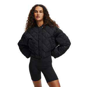 Quilted Bomber <b>Jacket</b> Women's Crop Style Full Sleeve Stand Collar Black Polyester Wadding Autumn Wear - Product Image 1
