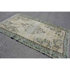 Alfombra turca vintage de 5x8,7 pies, patrón de retazos de lana verde Beige, estilo Tabriz para el hogar, sala de estar, mesita de noche, forma rectangular de látex - Product Image 2