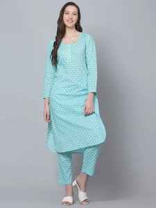 Conjunto de Kurta y Pantalón de Algodón Azul Ámbar, Estilo Casual Ecológico para Mujer, Estilo Drishti para Verano y Otoño con Estampado Animal - Product Image 2