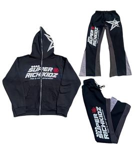 Custom Cotton <b>Raw</b> Hem Hoodies and Flared Stacked Sweatpants Two Piece Tracksuit Set Screen Print Unisex Sweatsuit Men - Product Image 1