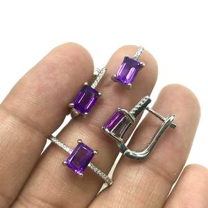 Juego de joyas de piedras preciosas de corte esmeralda de Plata de Ley 925 amatista natural para mujeres de la India tamaño de piedra de 7x5mm - Product Image 1