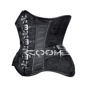 Corset noir en brocart avec baleines en acier, sangles et boucle en cuir - Product Image 4