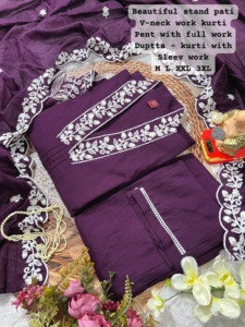 Muselina viscosa de diseñador y romana con trabajo manual Kurti Pant y Dupatta Fabricante de India a la tarifa más baja - Product Image 3