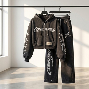 <b>Black</b> Graphic Zip Up Hoodie Sweatpants Tracksuit Set Streetwear Two Piece <b>Jogger</b> Outfit Wholesale OEM Manufacturer - Product Image 1