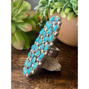 Darlene Begay Kingman Turquoise & Stainless Steel <b>Adjustable</b> <b>Ring</b> with Sterling Silver Bezel Setting Size 11 Gift - Product Image 4