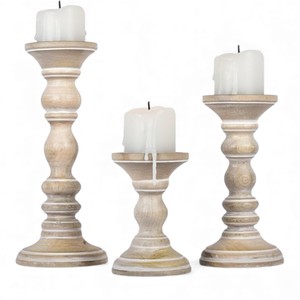 Portavelas de Madera de Mango Natural con Acabado Rústico Blanqueado para Decoración de Hogar Estilo Granja - Product Image 4