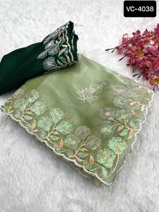 Saree de travail Butta avec chemisier, fil fantaisie, broderie, bordure à coupe d'arc pour vêtements pour femmes indiennes et pakistanaises. - Product Image 6