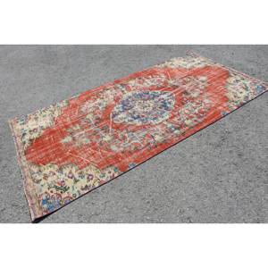Tapis turc vintage de 4ft 5in X 8ft 9in tapis en laine à tissage plat Patchwork rouge et bleu avec support en Latex pour décorations de salon - Product Image 2