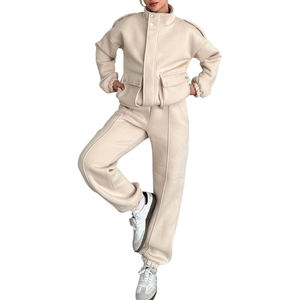 Elegante mujer Crop-Top Chándal Elegante cuello alto Chaqueta con cremallera de algodón puro con bolsillos utilitarios y pantalones de Jogger Relax Fit - Product Image 1