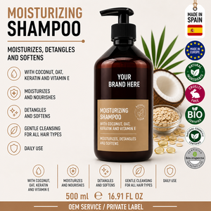 Champú de Coco, Avena y Queratina de Marca Privada 500ml OEM |   Champú Humectante, Desenredante y Reparador para el Cuidado del Cabello |   España UE - Product Image 1