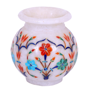 Pot en marbre de qualité supérieure de 3 pouces, blanc poli avec incrustation de pierre multicolore, produit d'artisanat en pierre haut de gamme - Product Image 1