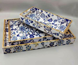 Ensemble de plateaux de service imbriqués en bois, motif floral bleu et blanc, rectangulaires, décoratifs, pour cuisine, table basse, cadeau - Product Image 1
