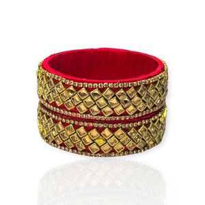 Viral Hot <b>Red</b> Gold Plated Premium Thread Pearl Bangle Set Trendy Festive Wear Stackable Bangles at Wholesale Price - Product Image 3