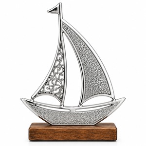 Estatua Metálica de Velero Costero, Decoración de Mesa con Base de Madera, Escultura Decorativa Náutica para el Hogar, Oficina, Sala de Estar - Product Image 1