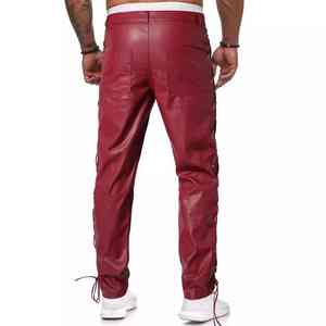 2025 mode haute rue mâle chaud ample Faux cuir pantalon Design Unique pantalon décontracté hommes pantalon droit incurvé rayé - Product Image 5