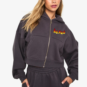 Sweat-shirts à capuche pour femmes en coton 100% avec fermeture éclair intégrale, coupe courte, style streetwear, délavage acide, épaules tombantes, anti-boulochage, imprimé personnalisé sur le devant - Product Image 6