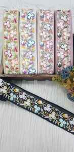 custom made floral designed embroidered thread work <b>laces</b> with multi coloured options in sequins embroidery in 2 inch width - Product Image 2