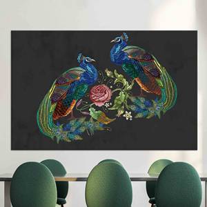Impression sur toile de paon brodé : Grande œuvre d'art murale florale, TOILE ENVELOPPEE - Product Image 1