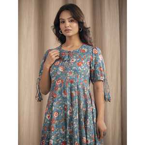 Vestido de Algodón Mulmul Azul Marino con Estampado a Mano, Estilo Boho-Elegante, Casual, Cintura Natural, Transpirable, Diseño Sostenible, ODM - Product Image 1