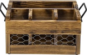 Wholesale Rustic Brown Wood Utensil Holder and Napkin Rack with Black Metal Handles and Metal Net Front Panel Dining Flatware - Product Image 2
