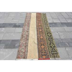 Tapis en laine turque vintage de 3.3x7.8 pieds, beige, vert, patchwork, technique de tissage à plat pour décoration de salon, largeur 4m, latex - Product Image 1