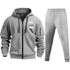 Breathable Cotton Sporty Tracksuit Set Full <b>Zip</b> <b>Hooded</b> Joggers Sweatpants Pockets Jogging Warm Unisex Winter Fleece Lined - Product Image 4