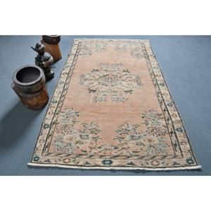 Tapis en laine turque vintage de 4.5x7.5 pieds Patchwork beige et bleu tissage plat pour décorations de salon avec support en latex - Product Image 1