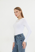 Camiseta de punto para mujer, blanca, de manga larga, cuello redondo, corte ajustado, transpirable, de viscosa y spandex, estilo minimalista, para todas las estaciones