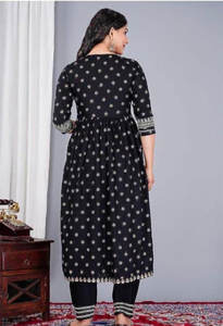 Black Color Organic Cotton Floor-Length Eco-Friendly Vintage Hip Hop Cut <b>Kurta</b> Pant Dupatta Set for <b>Women</b> - Product Image 2