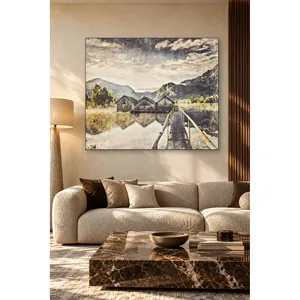 Impresión en lienzo de la embarcada y las cabañas de madera Fida en un lago de montaña - Product Image 3