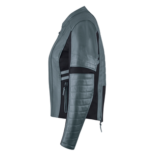 Chaqueta de moto de cuero genuino gris para mujer, chaqueta de moto de cuero de carreras protegida CE para mujer - Product Image 3