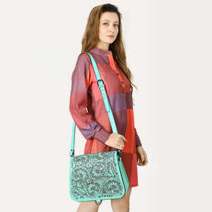 Handmade Bohemian Genuine Cowhide Leather Crossbody Bag Turquoise Tooled Floral Carved Vintage Western Purse <b>Lady</b> Summer Single - Product Image 2