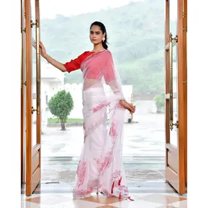 Sari en organza rouge Kalash peint à la main avec broderies, léger, taille unique, ensemble court 3 pièces, tenue de soirée printemps/été pour femme - Product Image 2