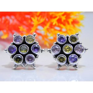 Boucles d'oreilles en argent sterling 925 Dainty Multi Gemstone Stud E0062-GS cadeau de bijoux de mariage minimaliste - Product Image 2
