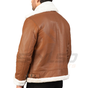 Blouson en cuir bombardier pour homme, manteaux et vestes en cuir marron avec col en fourrure de mouton véritable - Product Image 3