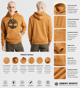 Sweat-shirt à capuche pour homme, couleur moutarde, logo arbre, poche avant, coupe classique, vêtement décontracté, hiver, 100% coton molletonné - Product Image 6