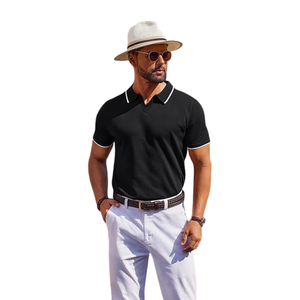 เสื้อเชิ้ตผู้ชายแขนสั้นผ้าคอตตอนถักเนื้อแน่นสีดำคลาสสิก ป้องกันรอยยับ 100% ผ้าฝ้าย ODM แต่งขอบสีขาว - Product Image 5