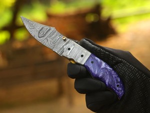 Couteau utilitaire à lame pliante en acier de Damas de qualité industrielle, manche en résine, étui de transport vertical, poche EDC, chasse, camping - Product Image 6