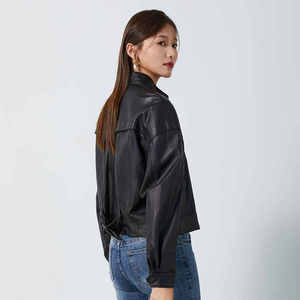 Veste en cuir de mouton véritable pour femmes doux long Streetwear col montant vêtements d'extérieur décontractés doublure en laine imperméable vélo à moteur - Product Image 2