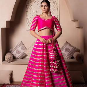 GHAZAL rosa caldo in taffetà seta GOTA PATTI LEHENGA SET con rete morbida DUPATTA design Fancy Lehenga da donna - Product Image 3