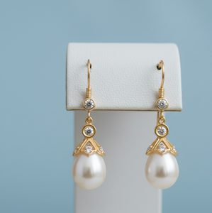 Elegantes Pendientes de Perlas Redondas Naturales de 10 mm con Circonita Cúbica, Plata de Ley 925 con Baño de Oro de 18K, Joyería Vintage, Regalo de Cumpleaños - Product Image 2