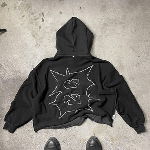 Tendance Hoodies Hommes Personnalisé Cropped Hoodie Usine En Gros Mode Brut Ourlet Bord Coupe Bas Grand Détresse Soleil Délavé Lavé - Product Image 4