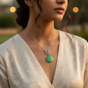 Pendentif géométrique argenté pour femme, style religieux, avec quartz vert, diamant, perle et pierre principale en cristal, breloques numérotées - Product Image 2